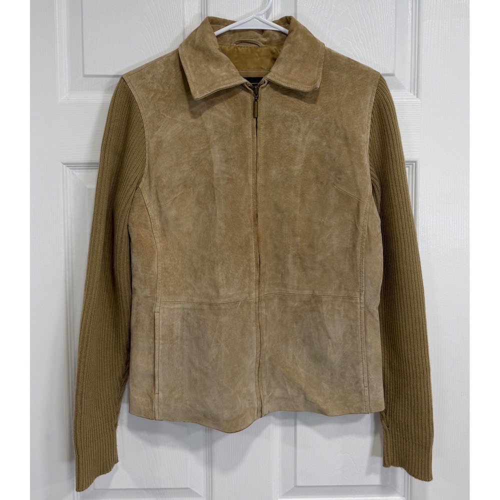 Fabio Womens S Tan Genuine Suede Leather Jacket Knit Sleeves Full Zip